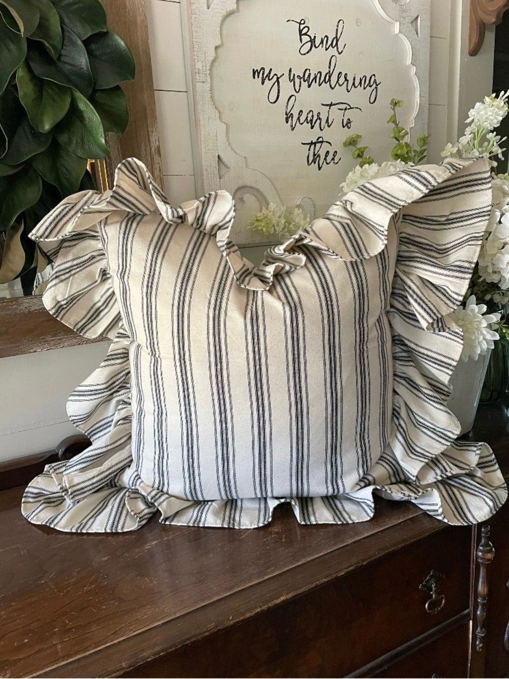 Striped Ruffle Throw Pillow Cover/Cream and Black - Home Holiday